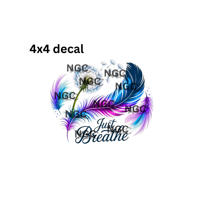 decal just breathe with purple blue feathers