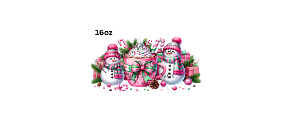 16oz pink and green cocoa with snowman christmas