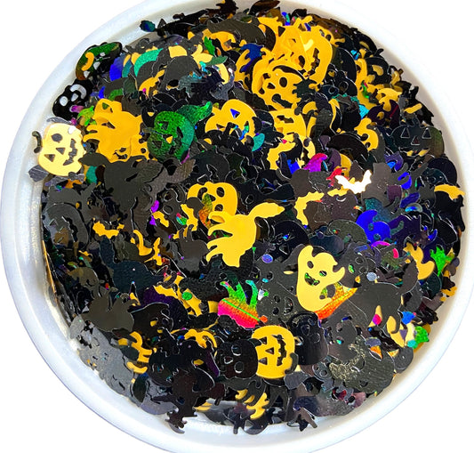 Black holographic and orange halloween glitter shape