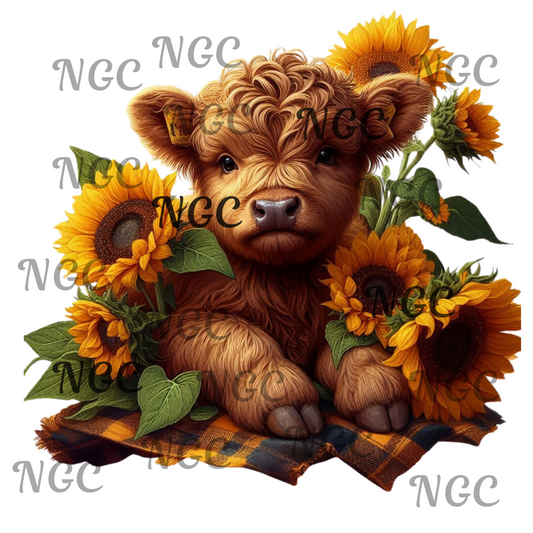 single decal brown cow in sunflowers