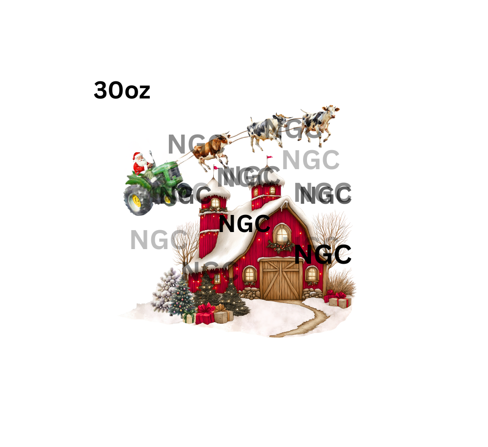 30oz santa on GREEN tractor over barn christmas