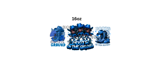 16oz blue melanin girls boots on the gorund