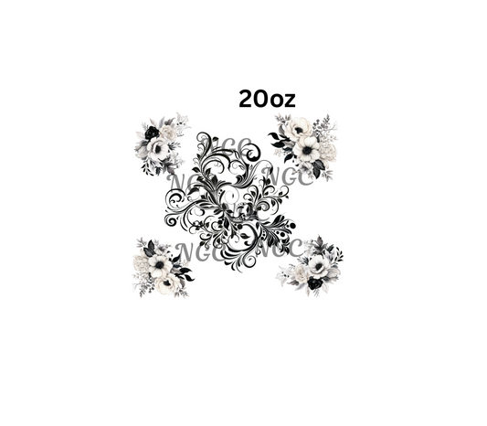 20oz black and white flowers with tooled leather