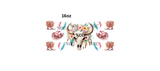 16oz cow skull w pink hat & boots