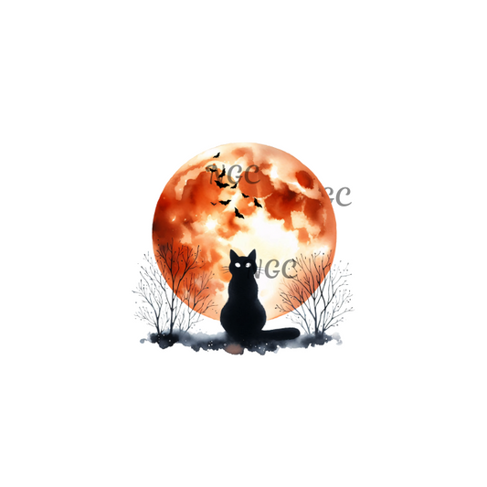 decal halloween black cat with full moon & bats