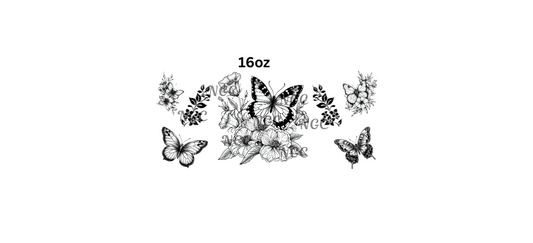 16oz black and white flowers with butterflies