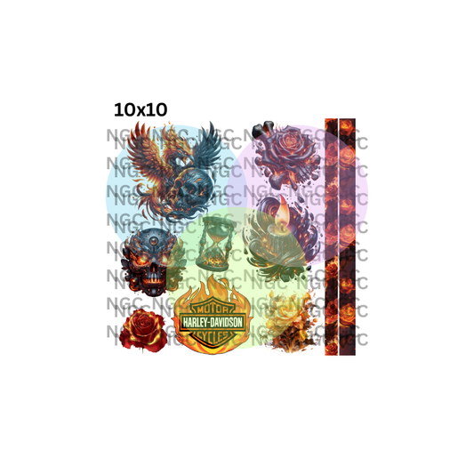 10x10 harley flames & flowers skulls