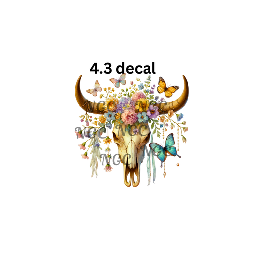 decal cow skull with flowers and butterfly
