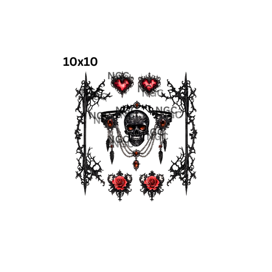 10x10 skull with hearts roses ansd vines