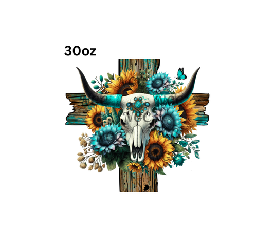 30oz cow skull with country cross sunflowers