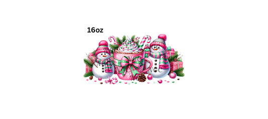 16oz pink and green cocoa with snowman christmas