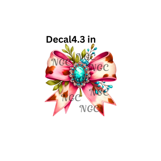 decal pink bow with cow spots turquoise gem