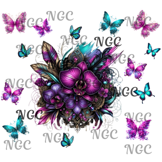 single decal  flowers butterflies teal pink