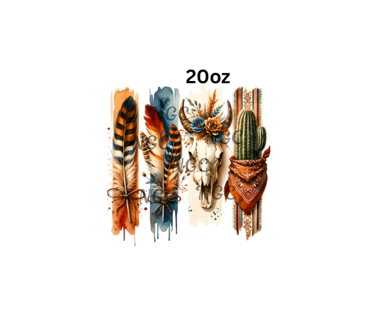 20oz cow skull with feathers brush strokes