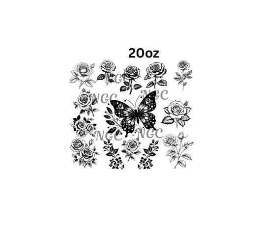 20oz roses and butterfly outline black and white