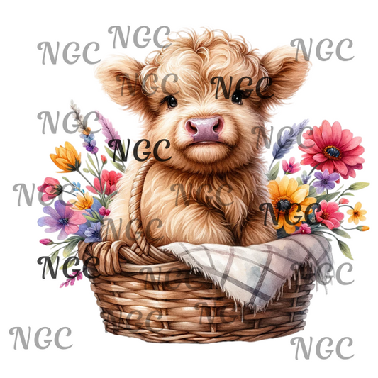 single decal brown cow in basket color flowers