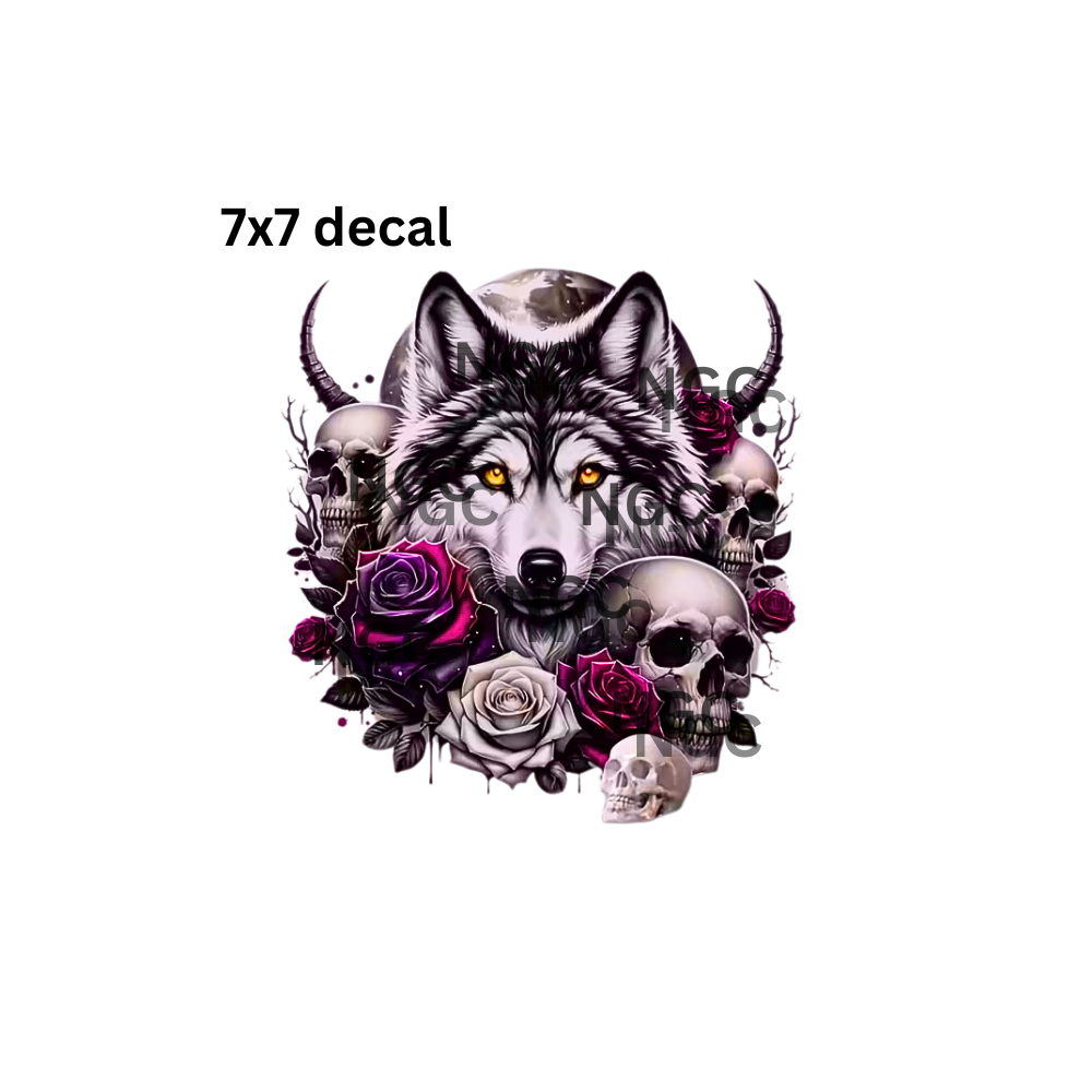 7x7 decal wolf with roses skulls