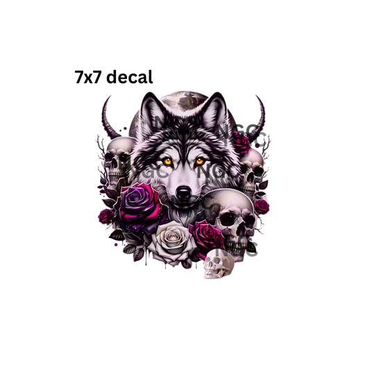 7x7 decal wolf with roses skulls