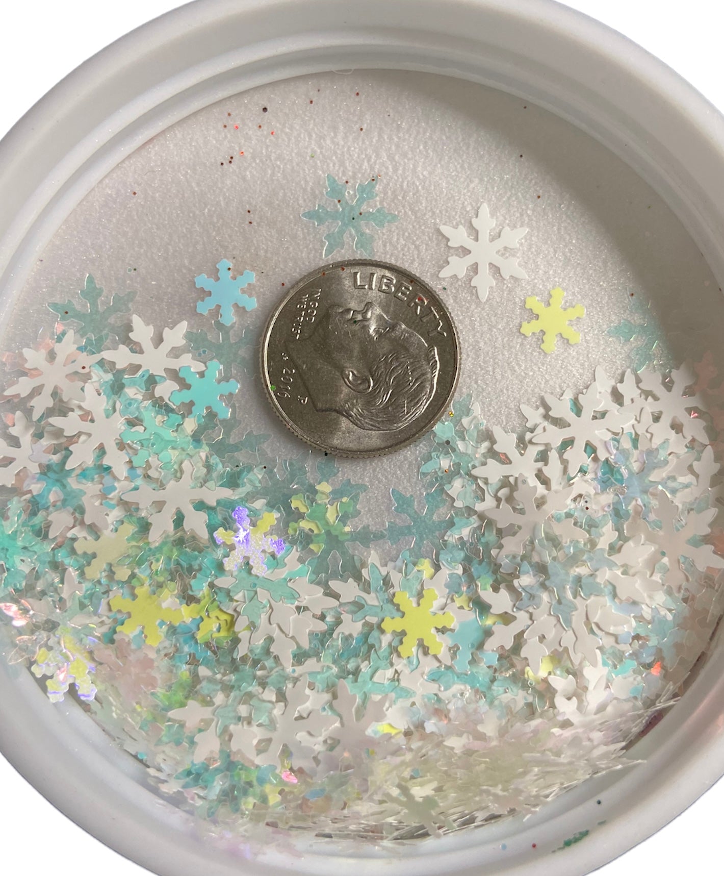 4-5MM iridescent and holographic snowflake shapes.